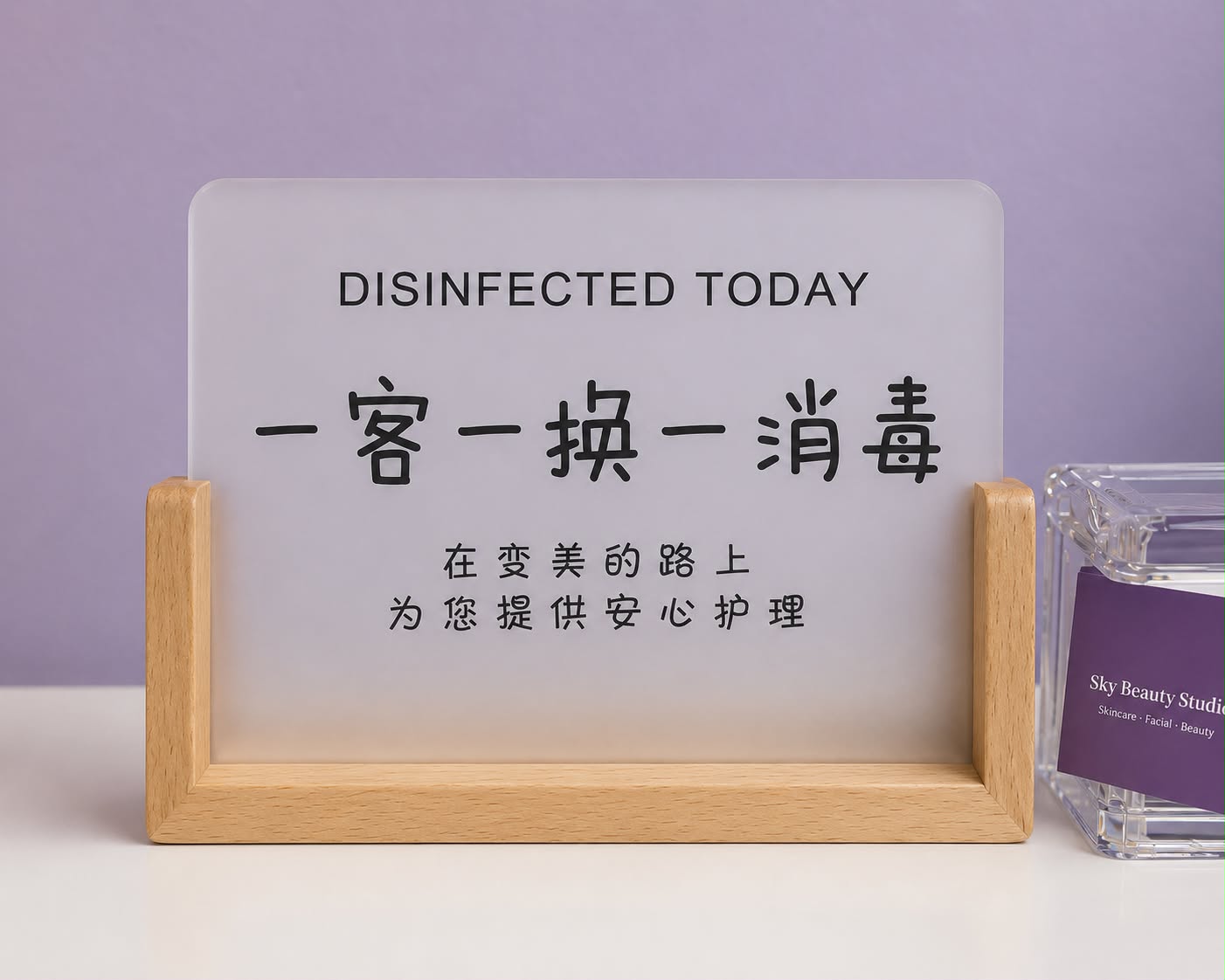One Client, One Disinfection studio sign